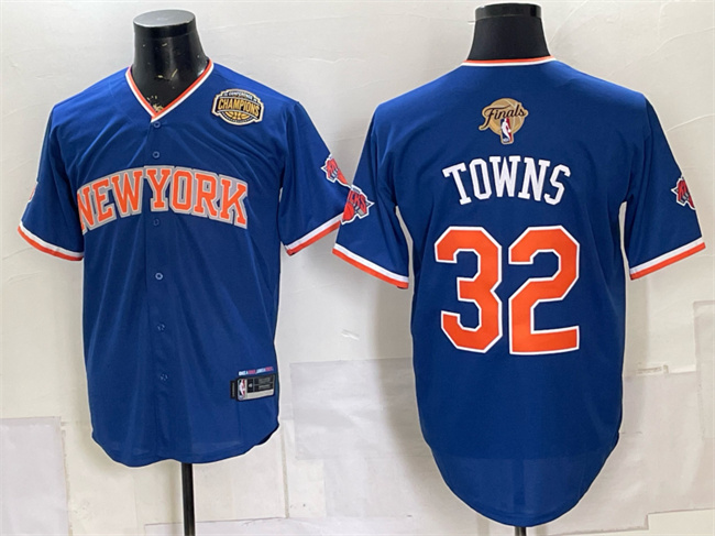 Men's New York Knicks #32 Karl-Anthony Towns Blue 2026 Finals & Eastern Conference Champions Patch Stitched Baseball Jersey Men's New York Knicks #32 Karl-Anthony Towns Blue 2026 Finals & Eastern Conference Champions Patch Stitched Baseball Jersey